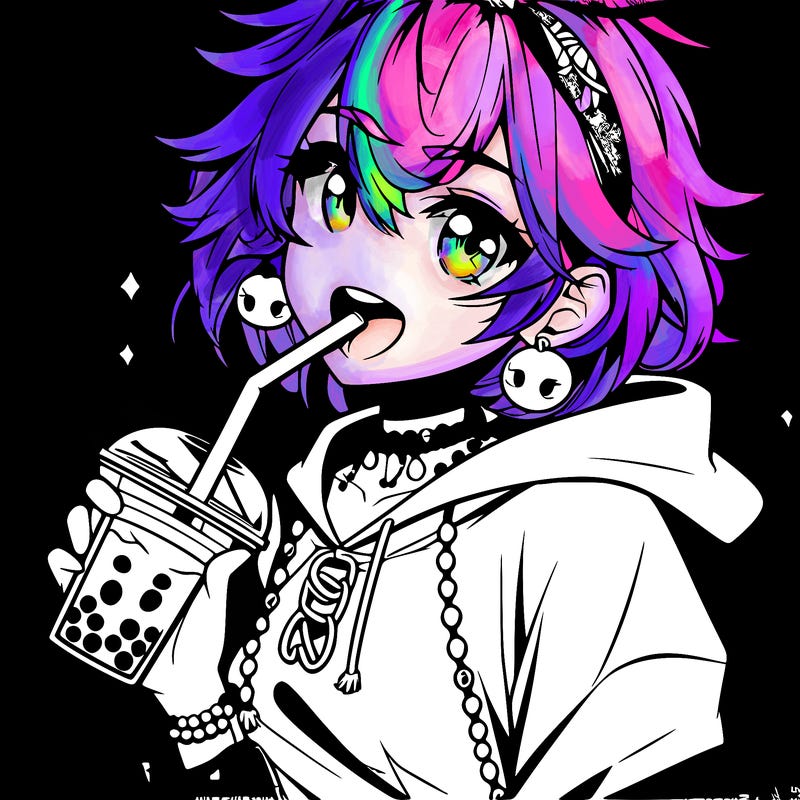 hot baddie anime girl drinking boba and biting the straw