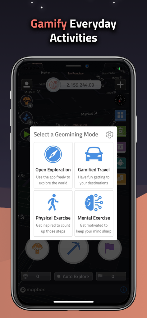 COIN: Always Be Earning - Um smartphone mostrando a interface do aplicativo COIN com opções para selecionar modos de geomining como viagem gamificada e exercício físico
