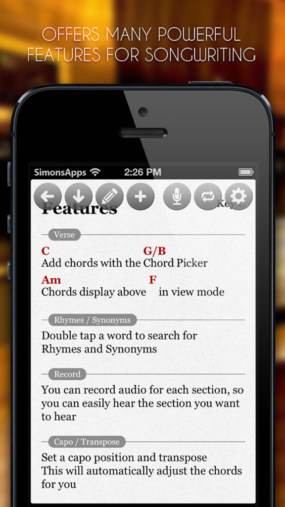 Song-Writer: Write Note Lyrics - Mobile songwriting app interface showing lyrics with chords and text explaining rhyme search and audio recording features