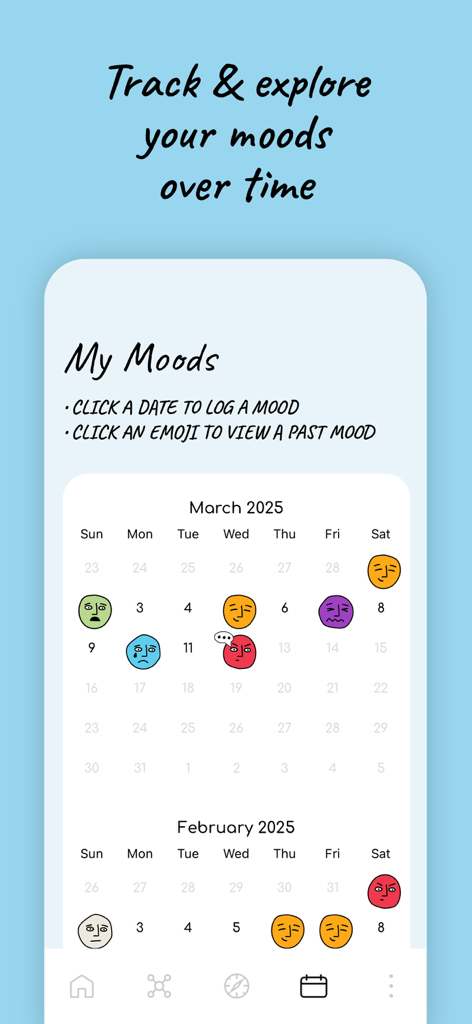 The Mood Tools - Visualización del calendario de la aplicación móvil para rastrear estados de ánimo diarios con emojis expresivos