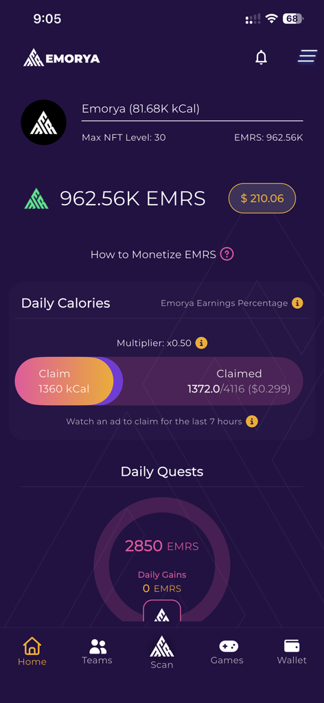 Emorya - Emorya mobile app home screen showing daily calories and earned EMRS rewards