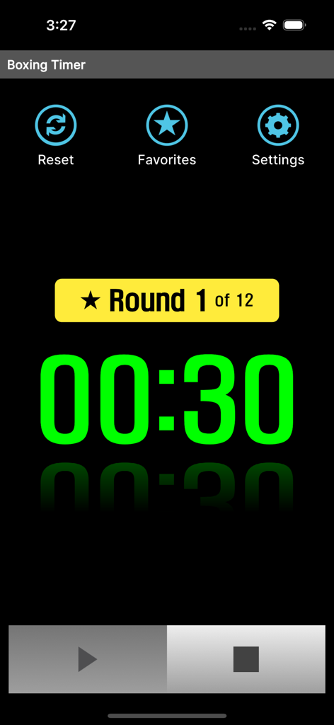 Tela do aplicativo Boxing Timer mostrando 30 segundos de descanso em verde para o round 1.