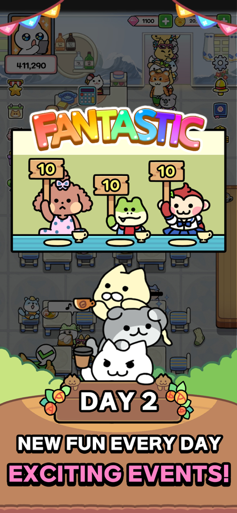 Catstaurant : Cat Chefs - 캣스타우란트의 동물 캐릭터들이 귀여운 고양이 셰프들이 축하하는 모습과 함께 만점 10점을 주는 모습.