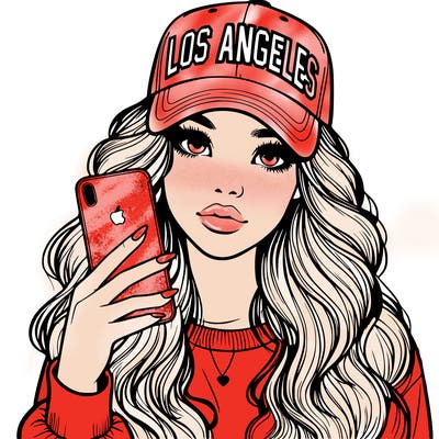 realistic beautiful girl wearing los ángeles cap holding an iphone