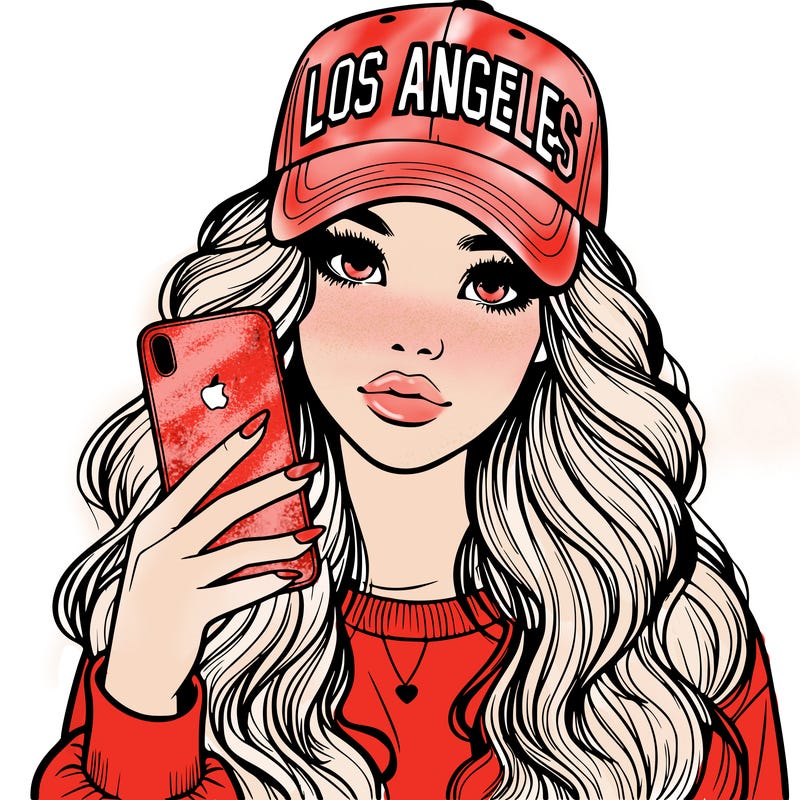 realistic beautiful girl wearing los ángeles cap holding an iphone