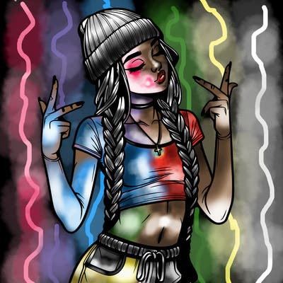 realistic teenage girl with braids and a beanie and crop top doing 🫶🏼