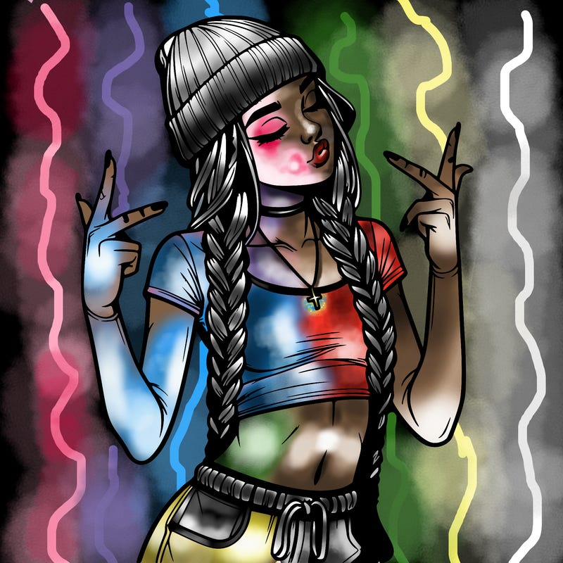 realistic teenage girl with braids and a beanie and crop top doing 🫶🏼