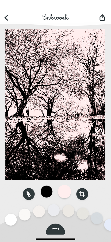 Inkwork - Inkwork app interface displaying a landscape photo converted into a black ink sketch on a pink paper background.