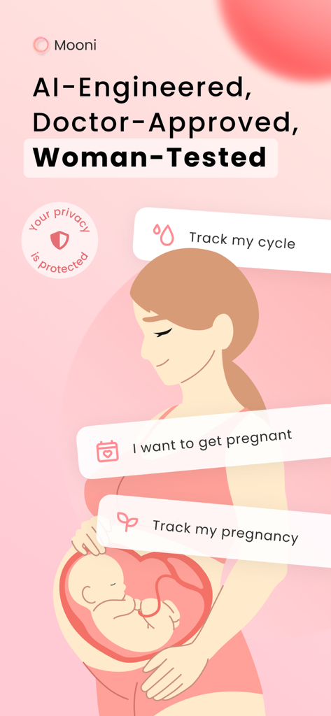 Interfaz de la aplicación Mooni que muestra opciones para seguimiento de ciclo y planificación de embarazo con un distintivo de protección de privacidad