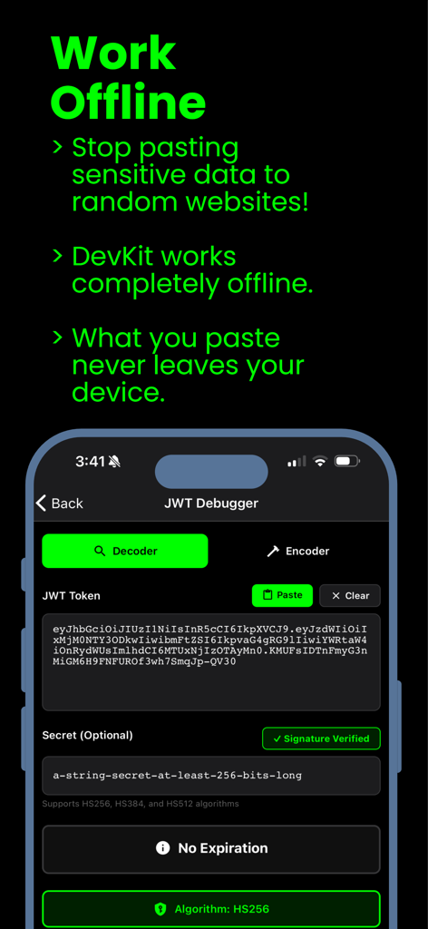 DevKit app JWT Debugger interface highlighting offline privacy features