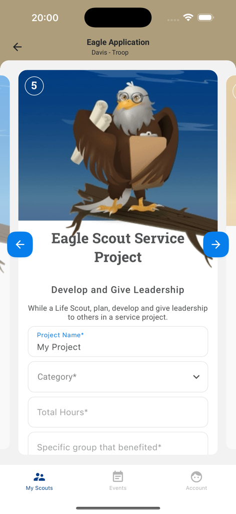 Scouting - Mobile screen for the Eagle Scout Service Project application in the Scouting app featuring an eagle mascot and form fields.