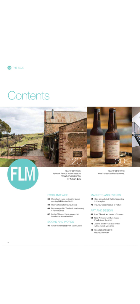 Indice di Fleurieu Living Magazine con sezioni su cibo, vino, arte e design con fotografie di lifestyle di alta qualità.