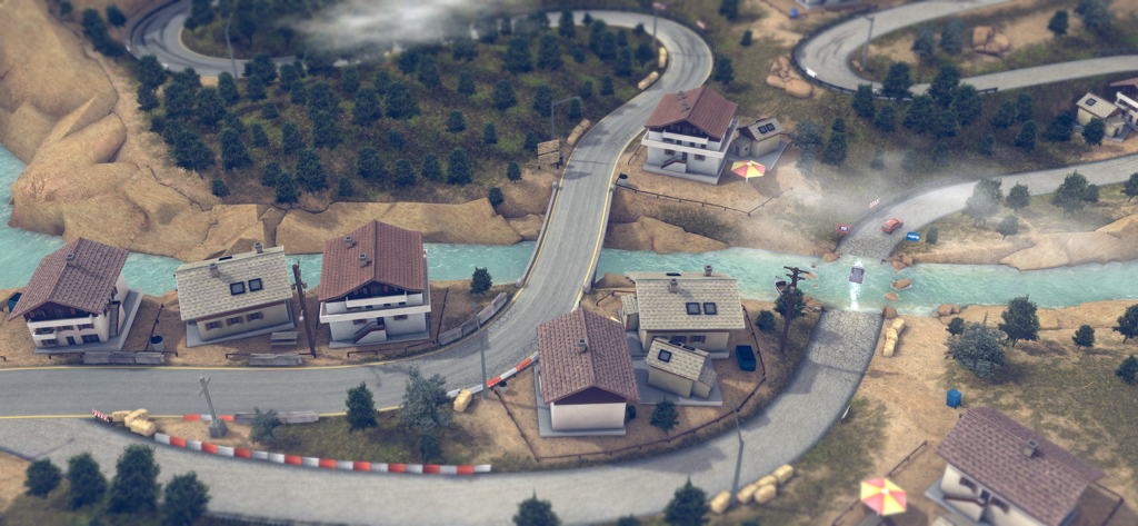 Top Drives - Car Race Battles - Top down view of a winding race track passing through a small village near a river