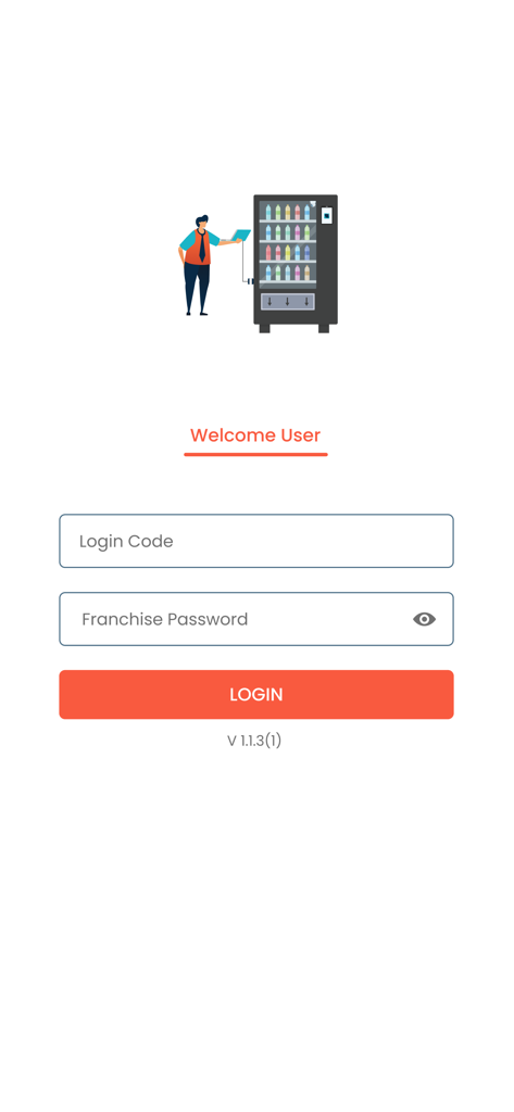 Pantalla de inicio de sesión de la aplicación de software para máquinas expendedoras Técnico, con campos para código de inicio de sesión y contraseña de la franquicia.