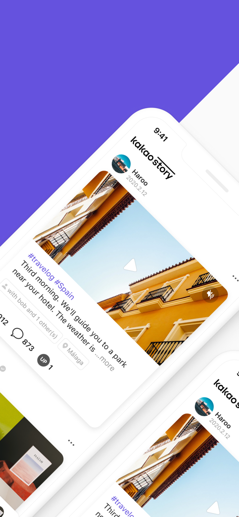KakaoStory - KakaoStory app screen showing a user sharing a travel photo from Spain with a description and hashtags.