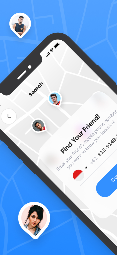 FindApp interface showing friends locations on a map with profile picture pins
