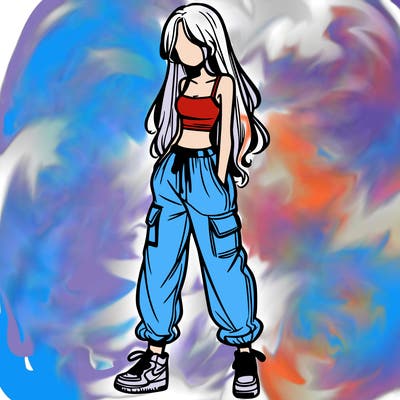 girl in baggy pants crop top and long hair