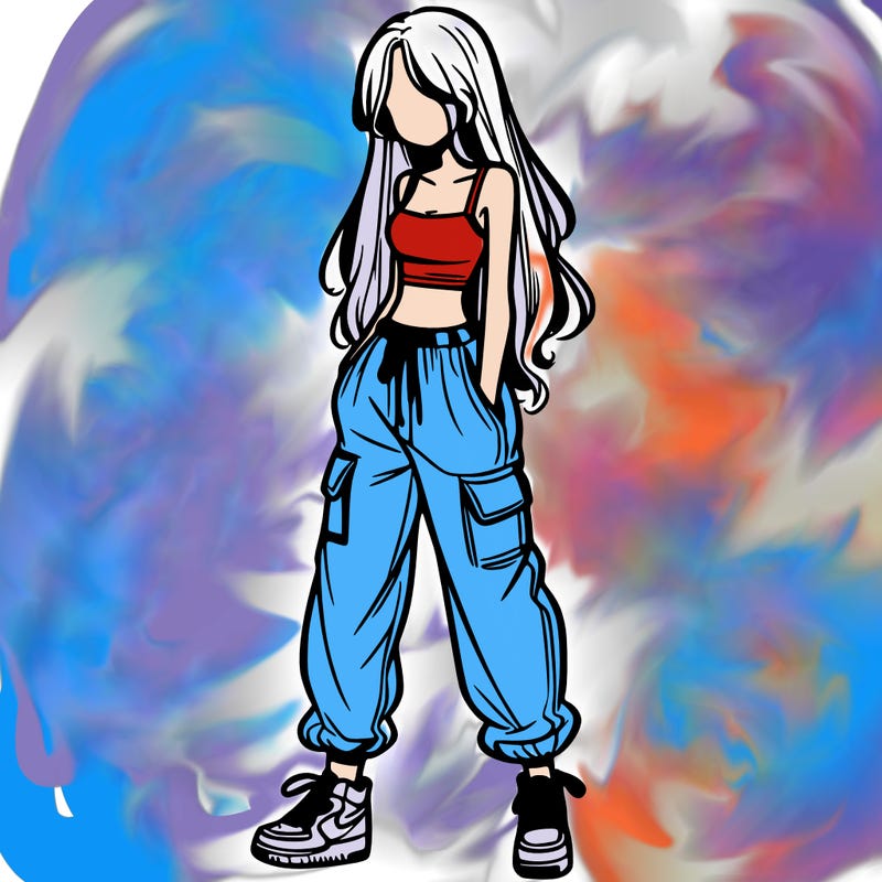 girl in baggy pants crop top and long hair