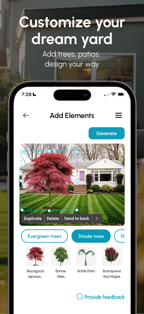 Neighborbrite App-Oberfläche zum Hinzufügen eines japanischen Ahornbaums zu einem Gartenlandschaftsdesign