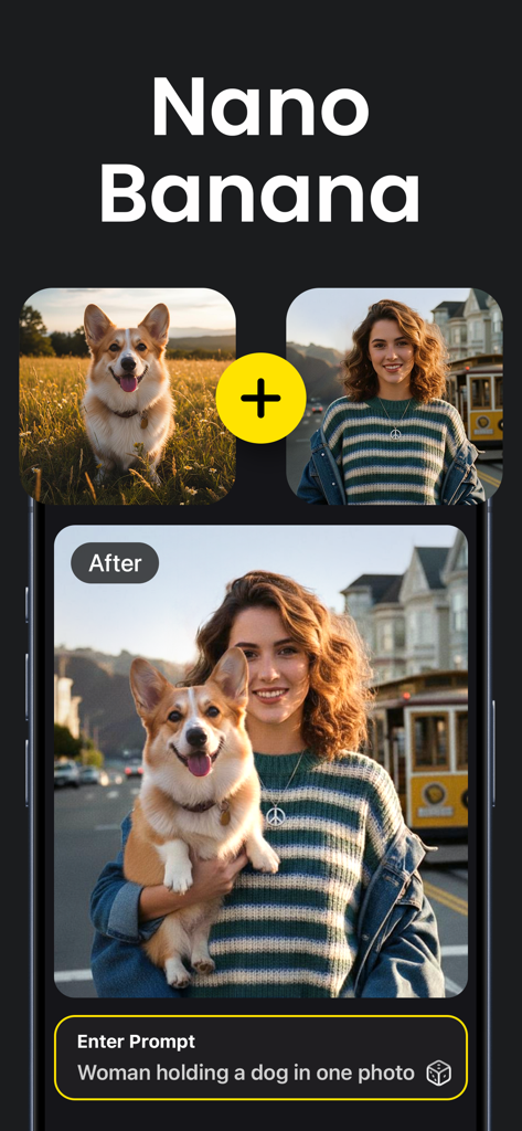 Mobile app screen demonstrating AI Arta combining two separate images of a dog and a woman into one single photo