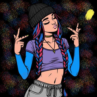 realistic teenage girl with braids and a beanie and crop top doing 🫶🏼