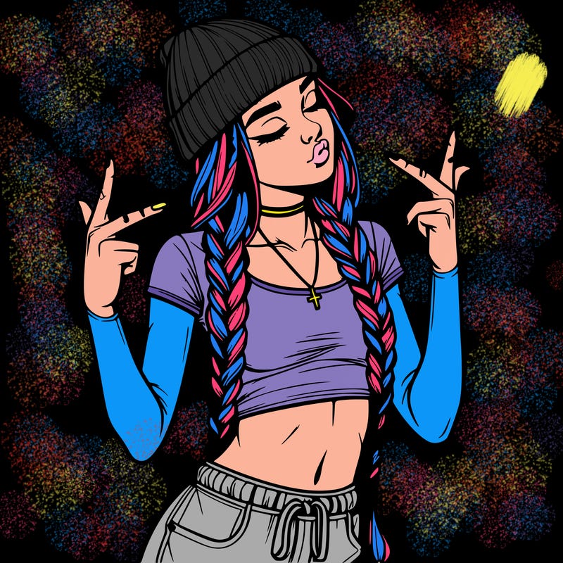 realistic teenage girl with braids and a beanie and crop top doing 🫶🏼