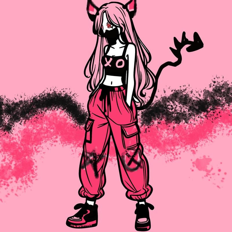 girl in baggy pants crop top and long hair