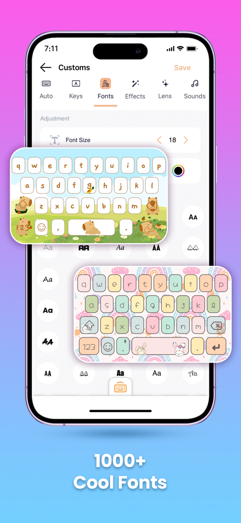 Neon LED Keyboard: Cute Themes - キュートなカピバラや虹のテーマでフォントのカスタマイズを示すNeon LED Keyboardアプリの画面。