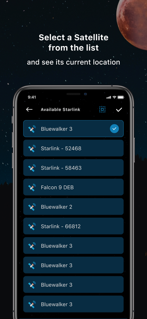 Starlink Satellite Tracker ISS - Mobile app screen showing a list of available satellites to track including Starlink and Bluewalker