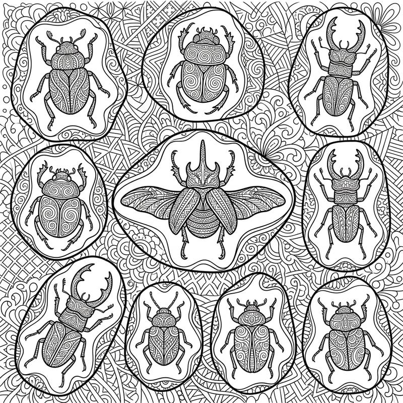 Immerse yourself in the captivating world of ancient insects with these intricate Zentangle amber beetles. Each design offers a unique challenge and a peaceful coloring experience.