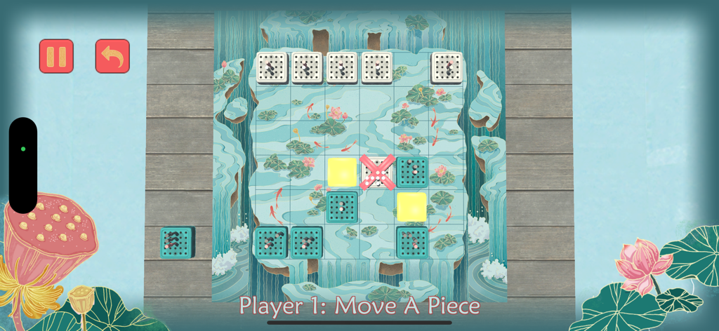 Thrive Board Game - Gameplay-Bildschirm von Thrive Brettspiel, der einen strategischen Zug auf einem Gitter mit ruhiger Lotus-Teich-Grafik zeigt.