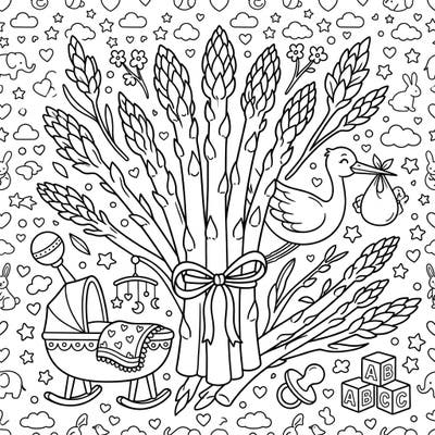 Celebrate new life with a unique twist on traditional themes with this adorable Asparagus Baby Shower coloring page. Discover a charming scene filled with fresh asparagus and sweet nursery elements, perfect for a joyful coloring session.