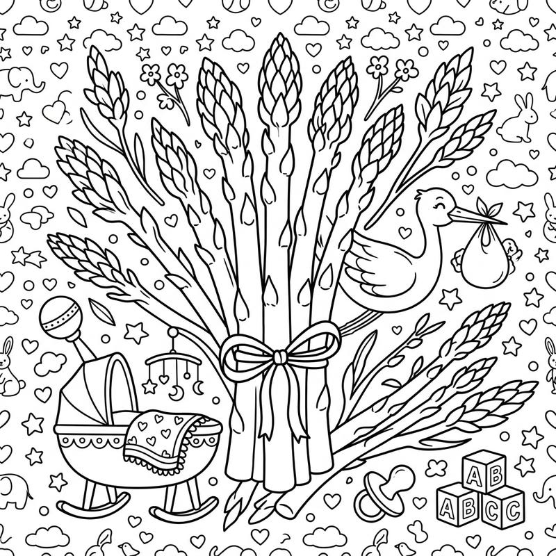 Celebrate new life with a unique twist on traditional themes with this adorable Asparagus Baby Shower coloring page. Discover a charming scene filled with fresh asparagus and sweet nursery elements, perfect for a joyful coloring session.