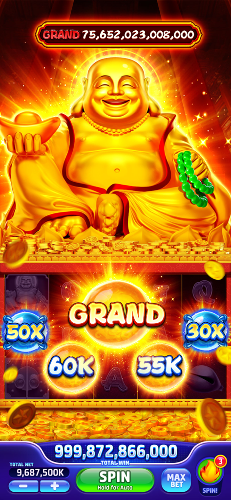 Jackpot Crazy-Vegas Cash Slots - Golden Buddha themed slot machine screen with grand jackpot amount