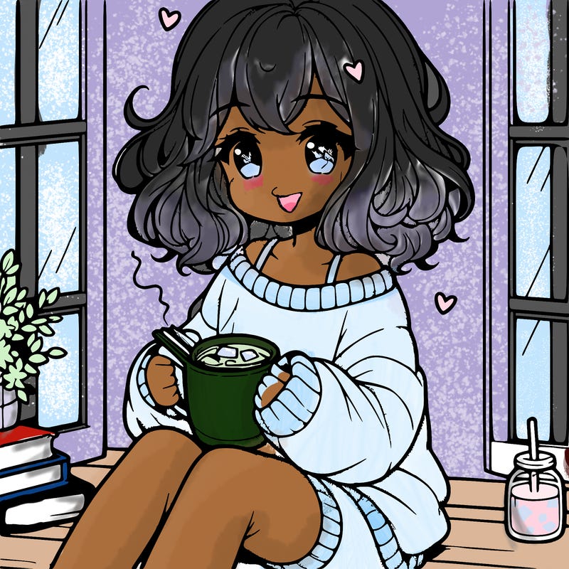 cute anime girl reading book and drinking hot chocolate from mug with loose wavy hair wearing a baggy sweatshirt and shorts sitting by windowsill looking out