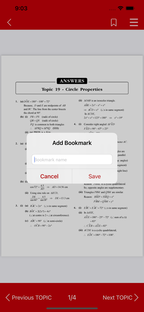Interface de l'application Redspot eBooks montrant un guide d'étude de mathématiques avec une fenêtre contextuelle Ajouter un signet