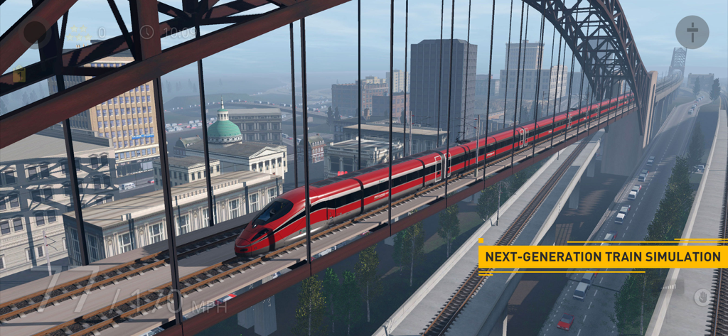A high speed red train crossing a steel bridge over a city environment in Trainz Simulator 3