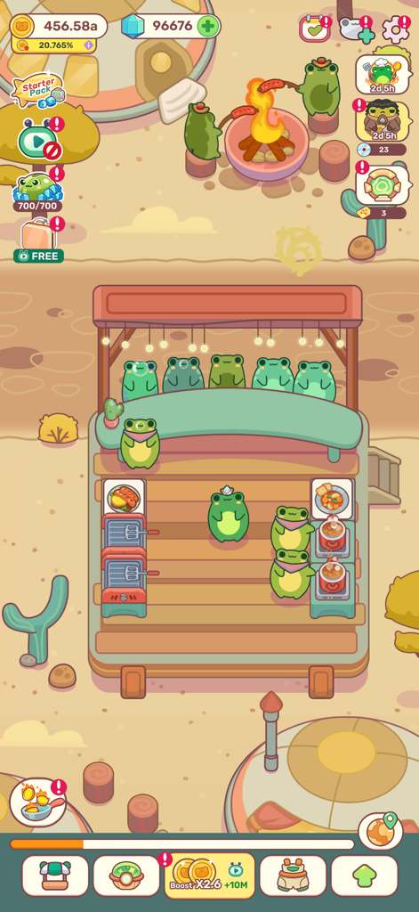 Frogs Kitchen - Cute green frogs cooking and roasting snacks at a desert kitchen stall in Frog Kitchen Tycoon.