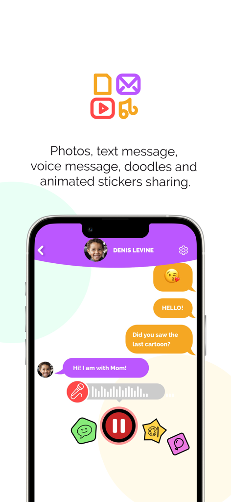 kChat Messenger - chat safely - Interface of kChat Messenger showing safe multimedia sharing for kids including voice notes and emojis.