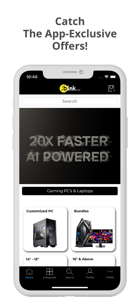 Blink Online Shopping - Pantalla de inicio de la aplicación Blink Compras Online mostrando categorías de PC gaming y ofertas exclusivas de la app.