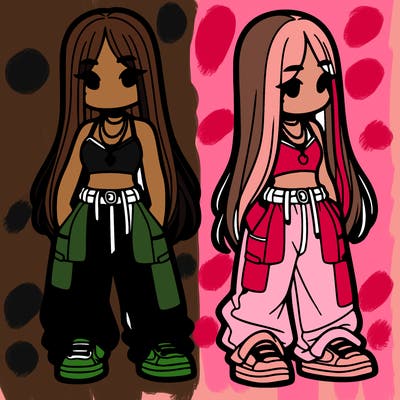 girl in baggy pants crop top and long hair