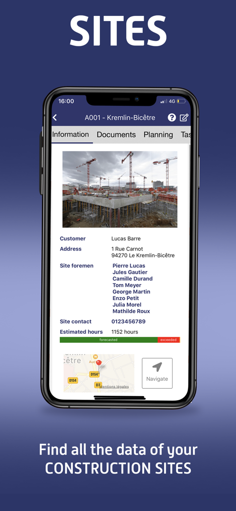 Alobees - Alobees app interface displaying construction site information including project photos, address, foremen list, and tracking of estimated hours.