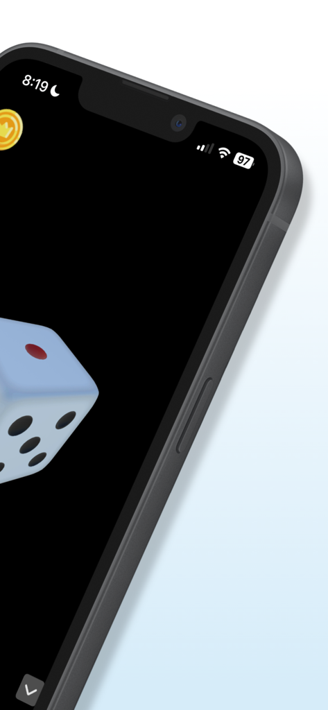 Dice Roller 3D: Yahtzee, Ludo - 3D light blue die on a black background displayed on an iPhone screen