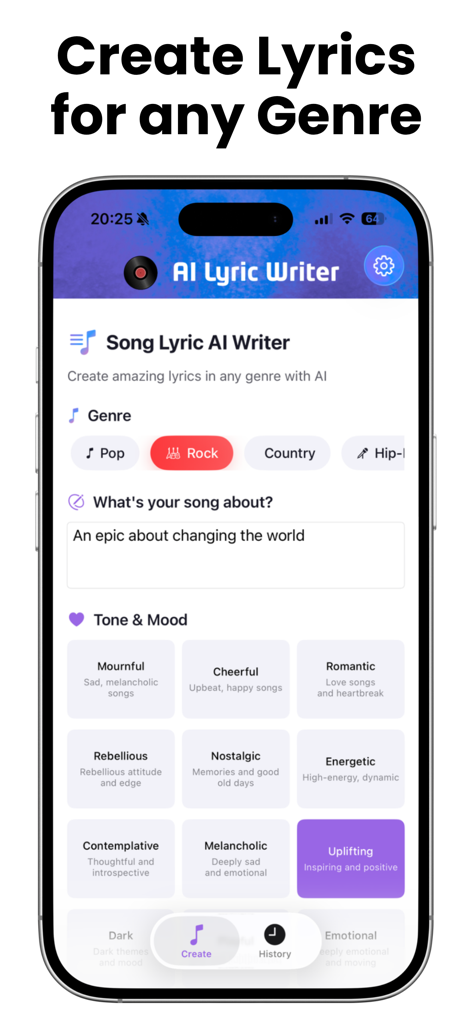 AI Song Lyric Writer Generator - Mobile App-Oberfläche des KI-Songtext-Generators mit Optionen zur Auswahl von Musikgenre und emotionalem Ton für das Songwriting