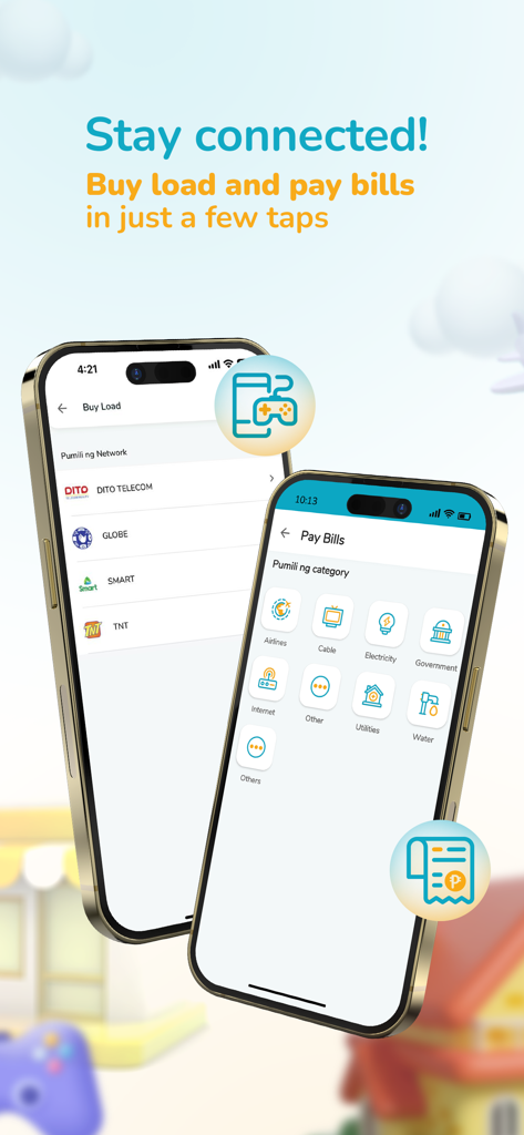 RCBC DiskarTech Savings - Dois smartphones mostrando as telas do aplicativo RCBC DiskarTech para compra de créditos de celular e pagamento de contas de serviços públicos