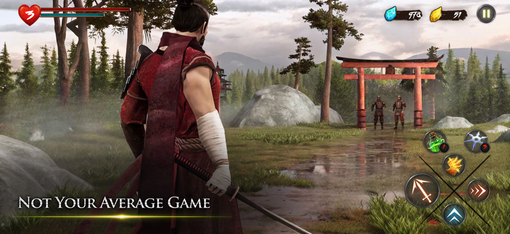 Takashi - Ninja Samurai Game - Takashi the ninja warrior facing samurai enemies at a red torii gate in a 3D landscape