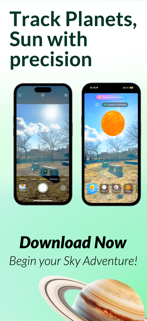 Skymap: Constellation Finder - Interfaz de realidad aumentada de la aplicación Skymap que muestra el seguimiento en tiempo real del sol y los planetas.