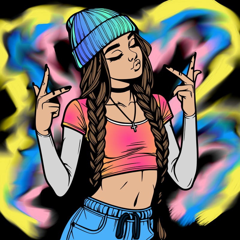 realistic teenage girl with braids and a beanie and crop top doing 🫶🏼