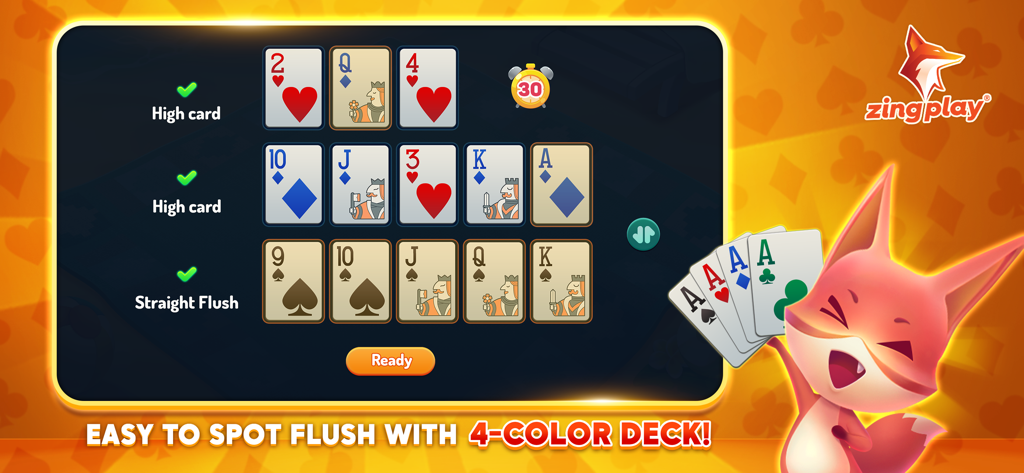 Pusoy ZingPlay - Chinese Poker - Captura de pantalla del juego de Pusoy ZingPlay mostrando una disposición de trece cartas con una baraja de cuatro colores y una mano de escalera de color