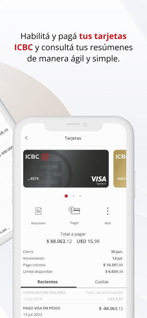 Interfaccia dell'app di mobile banking ICBC Argentina che mostra i dettagli della carta di credito Visa e le opzioni di pagamento in ARS e USD.